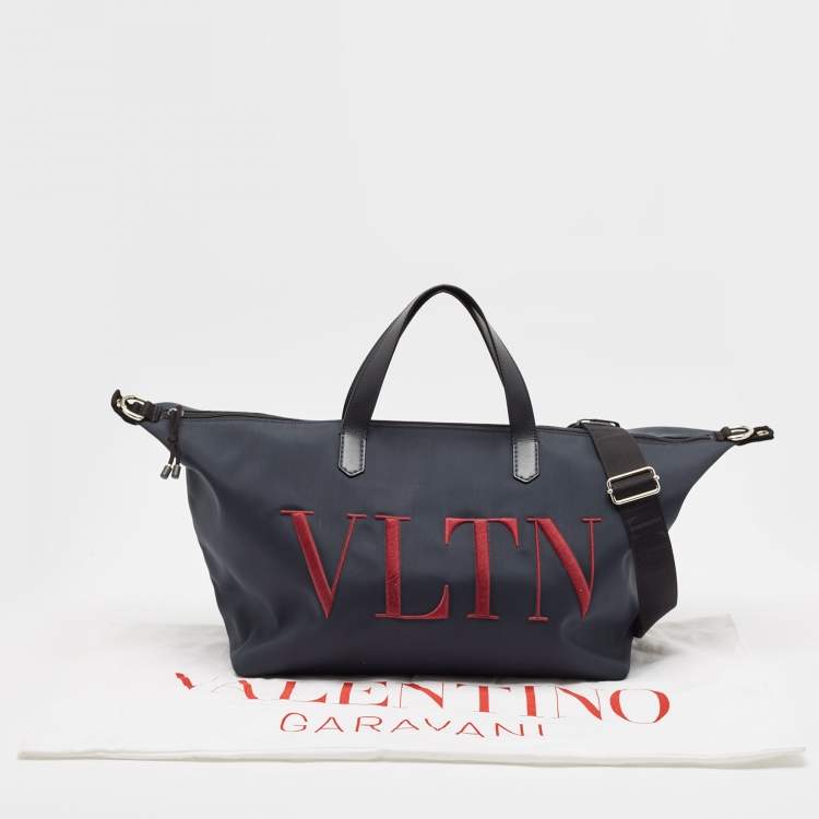 Pre Owned Valentino Dark Blue Leather and Nylon VLTN Travel Tote