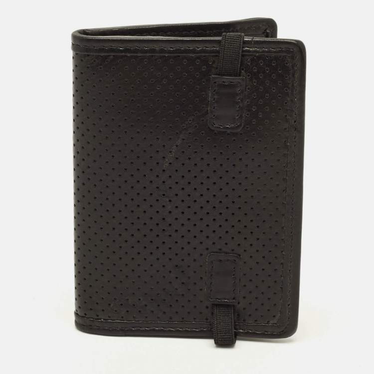Pre Owned Valentino Logo Elastic Strap Black Perforated Leather Bifold Wallet