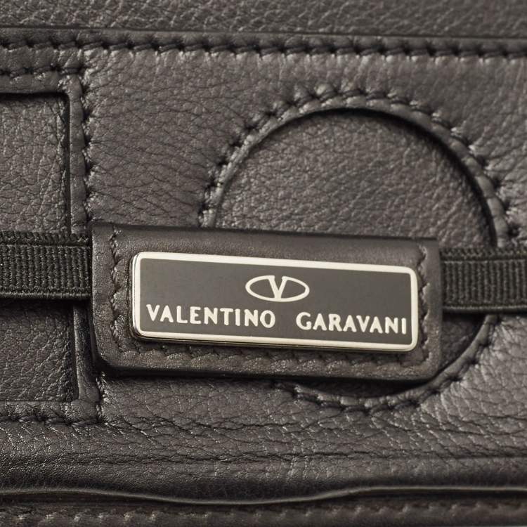 Pre Owned Valentino Logo Elastic Strap Black Perforated Leather Bifold Wallet