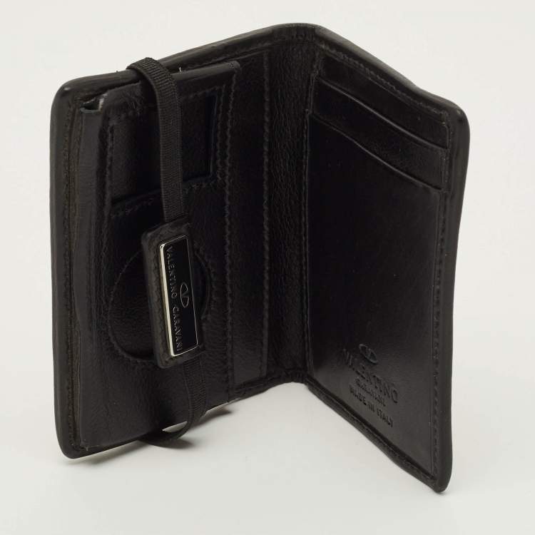 Pre Owned Valentino Logo Elastic Strap Black Perforated Leather Bifold Wallet
