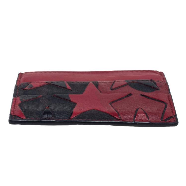Pre Owned Valentino Burgundy/Black Canvas and Leather Star Patch Card Holder