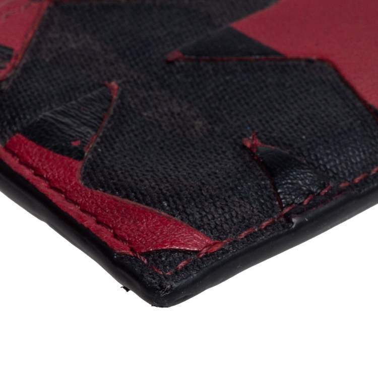Pre Owned Valentino Burgundy/Black Canvas and Leather Star Patch Card Holder