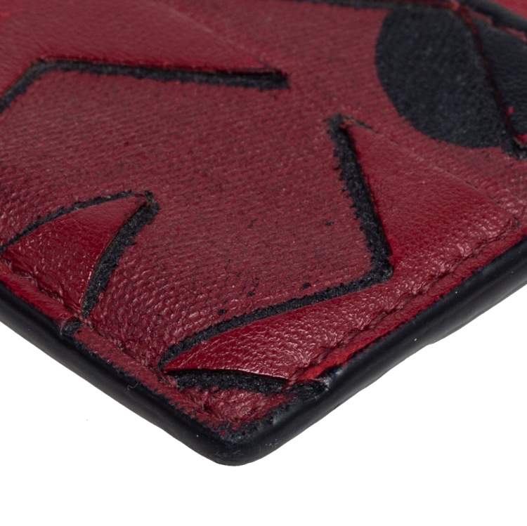 Pre Owned Valentino Burgundy/Black Canvas and Leather Star Patch Card Holder