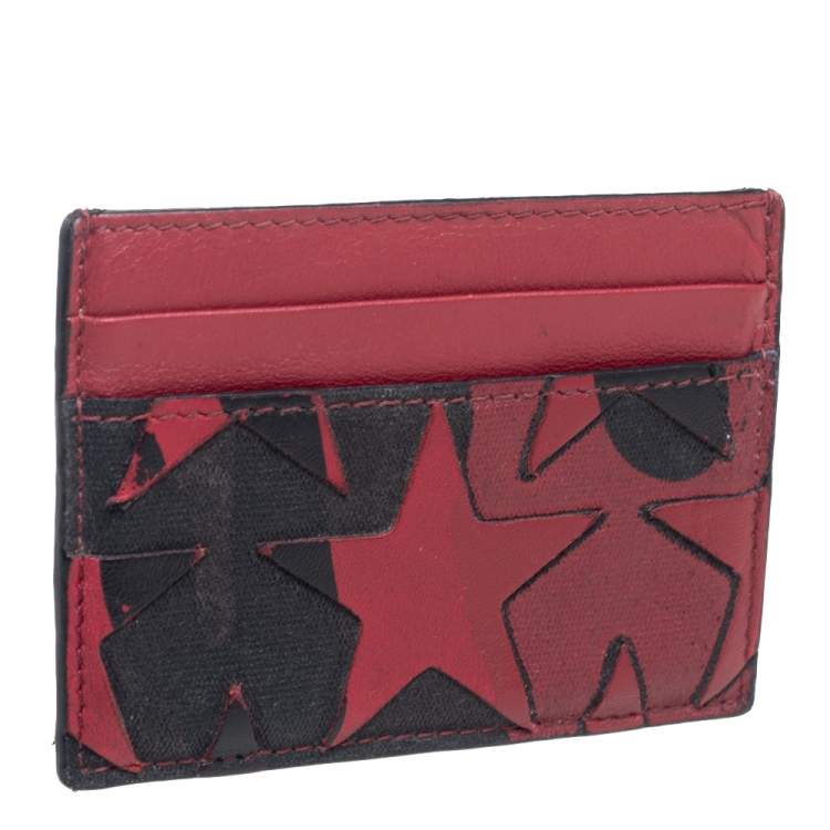 Pre Owned Valentino Burgundy/Black Canvas and Leather Star Patch Card Holder