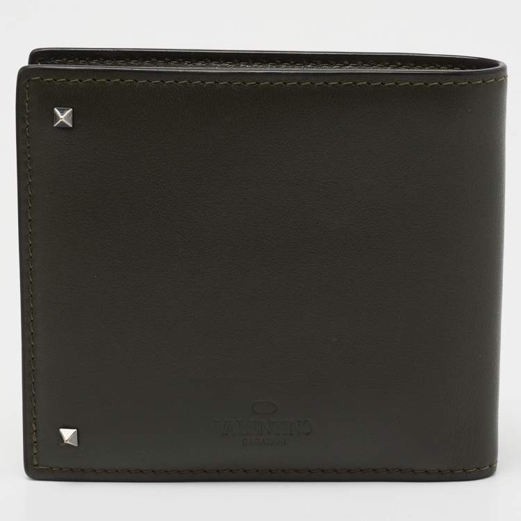 Pre Owned Valentino Olive Green Leather Rockstud Bifold Wallet