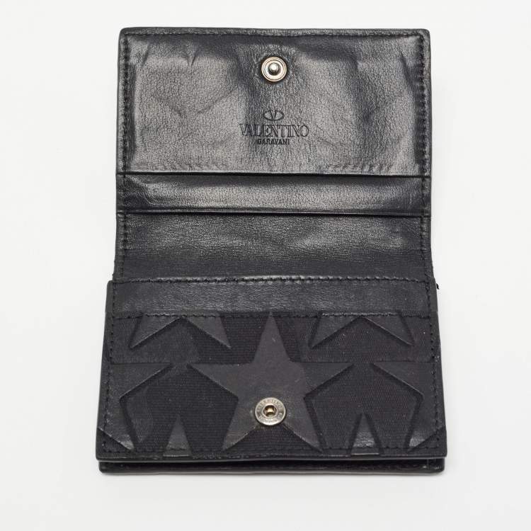 Pre Owned Valentino Black Leather Star Patch Flap Card Case