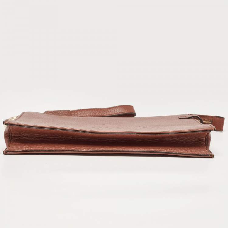 Pre Owned Valentino Brown Leather Logo Embossed Wristlet Clutch