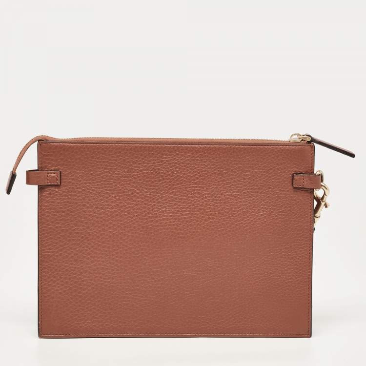 Pre Owned Valentino Brown Leather Logo Embossed Wristlet Clutch