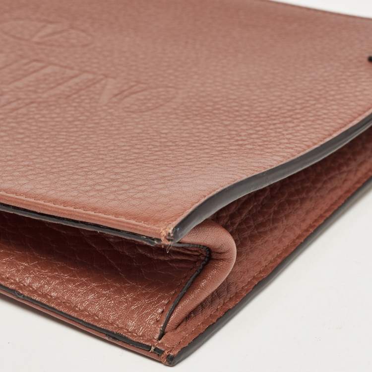 Pre Owned Valentino Brown Leather Logo Embossed Wristlet Clutch