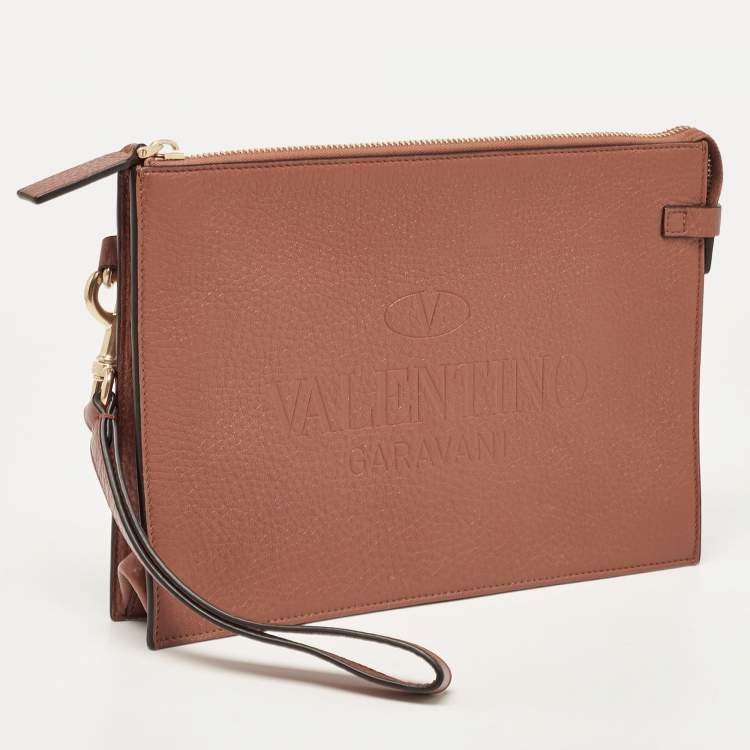 Pre Owned Valentino Brown Leather Logo Embossed Wristlet Clutch