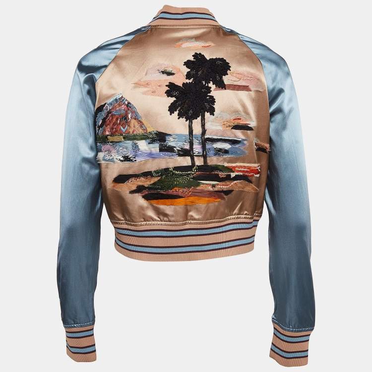 Pre Owned Valentino Beige/Blue Floral Embroidered Satin Sukajan Jacket S