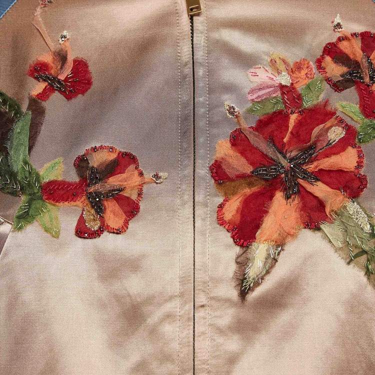 Pre Owned Valentino Beige/Blue Floral Embroidered Satin Sukajan Jacket S