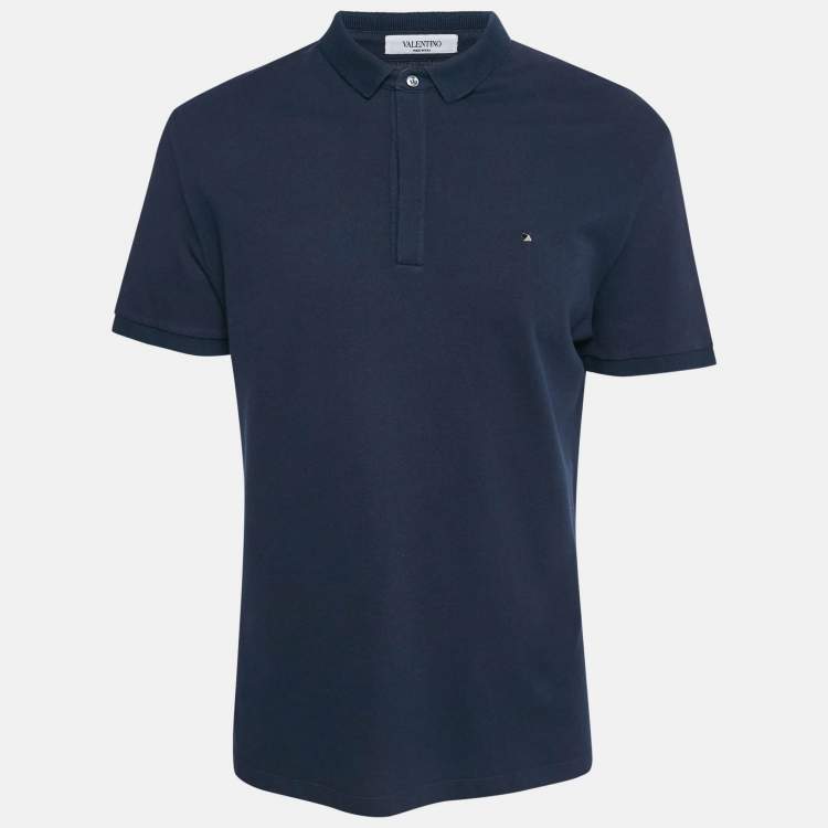 Pre Owned Valentino Navy Blue Cotton Polo Stud Detail T-Shirt L