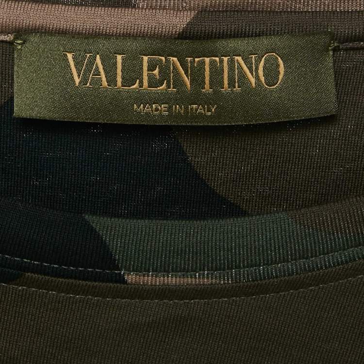 Pre Owned Valentino Green Camouflage Print Cotton Shoulder Stripe Detail T-Shirt S