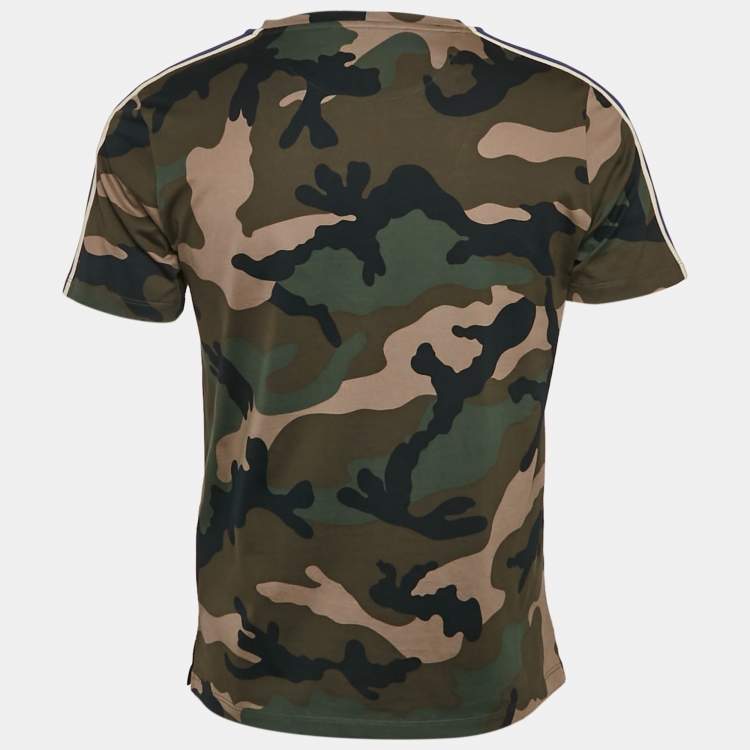 Pre Owned Valentino Green Camouflage Print Cotton Shoulder Stripe Detail T-Shirt S