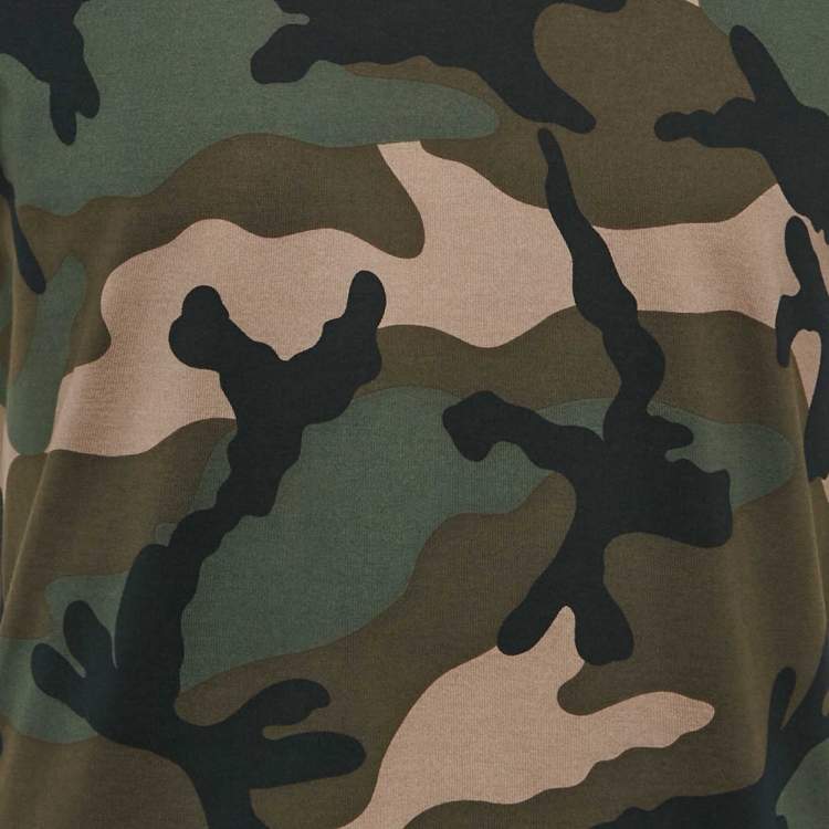 Pre Owned Valentino Green Camouflage Print Cotton Shoulder Stripe Detail T-Shirt S