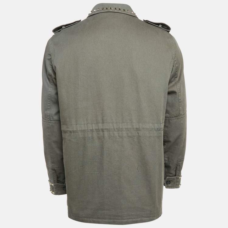 Pre Owned Valentino Khaki Green Studded Gabardine Cotton Utility Jacket XXL