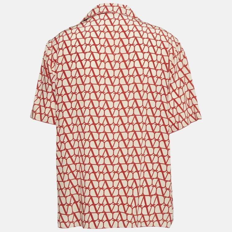 Pre Owned Valentino Beige/Red Monogram Silk Short Sleeve Shirt L