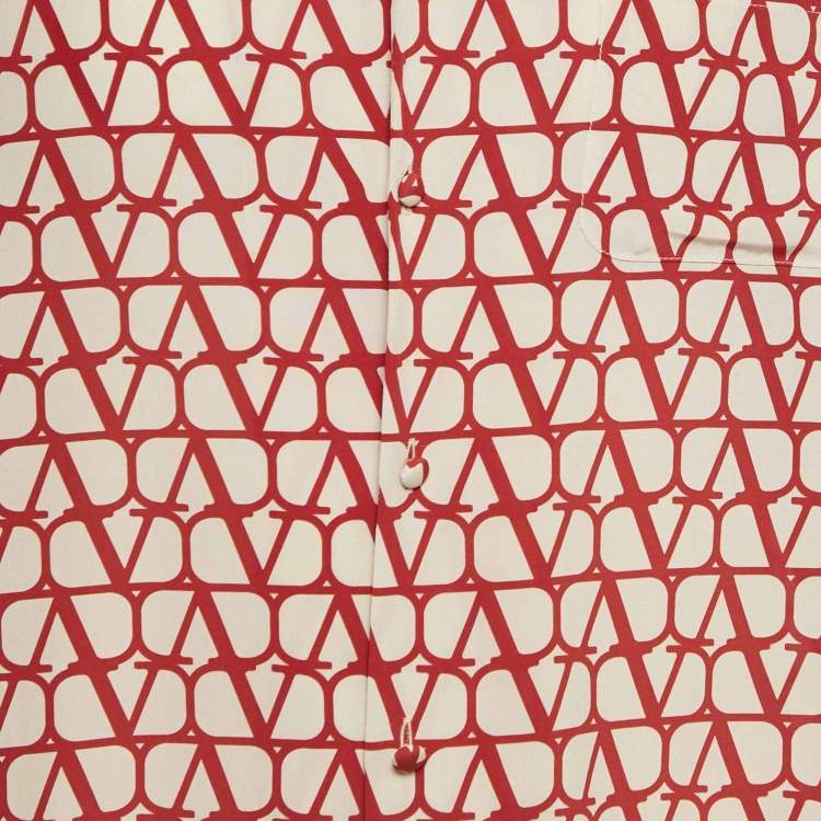 Pre Owned Valentino Beige/Red Monogram Silk Short Sleeve Shirt L
