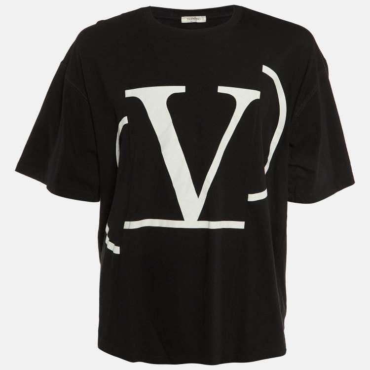 Pre Owned Valentino Black V Logo Print Cotton Crew Neck T-Shirt XL