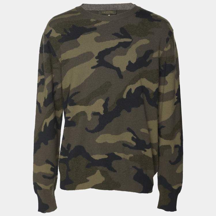 Pre Owned Valentino Green Camouflage Print Cashmere Knit Sweatshirt L