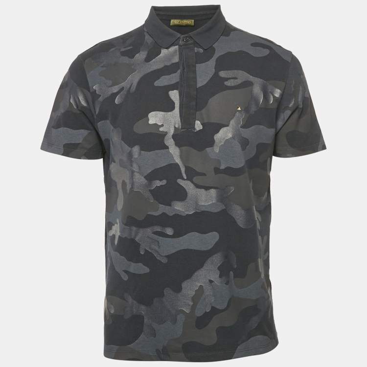 Pre Owned Valentino Navy Blue Camouflage Print Cotton Pique Polo T-Shirt M