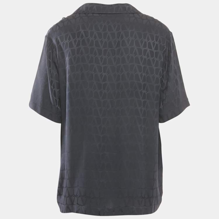 Pre Owned Valentino Black Silk Logo Jacquard Oversized Bowling Shirt S