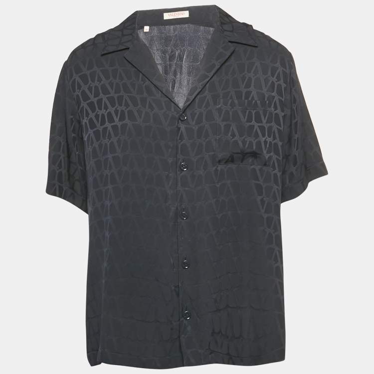 Pre Owned Valentino Black Silk Logo Jacquard Oversized Bowling Shirt S