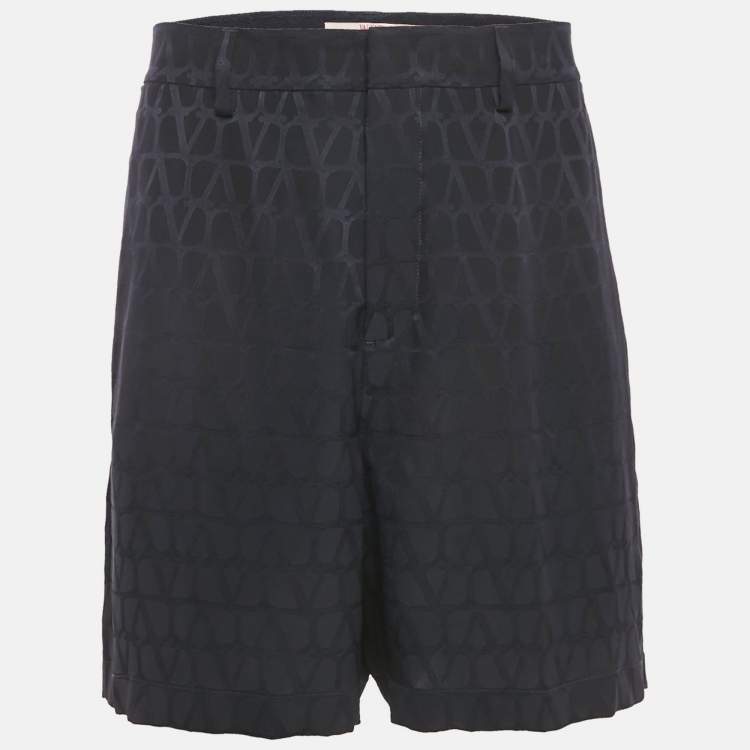 Pre Owned Valentino Black Logo Jacquard Silk Shorts M