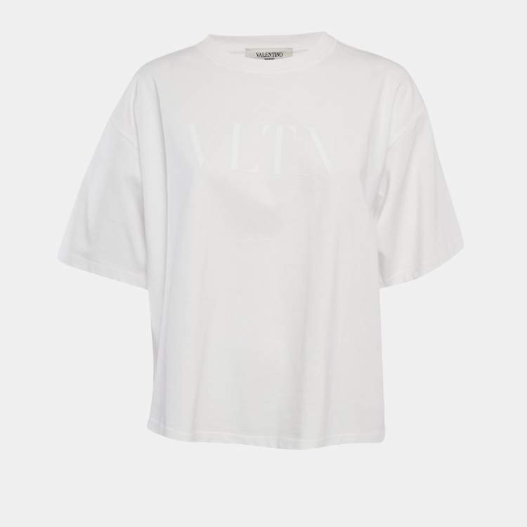 Pre Owned Valentino White Logo Print Cotton Boxy Crew Neck T-Shirt M 
