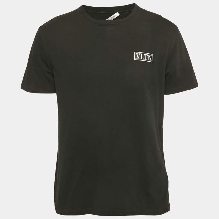 Pre Owned Valentino Black Logo Applique Detail Cotton Crew Neck T-Shirt L