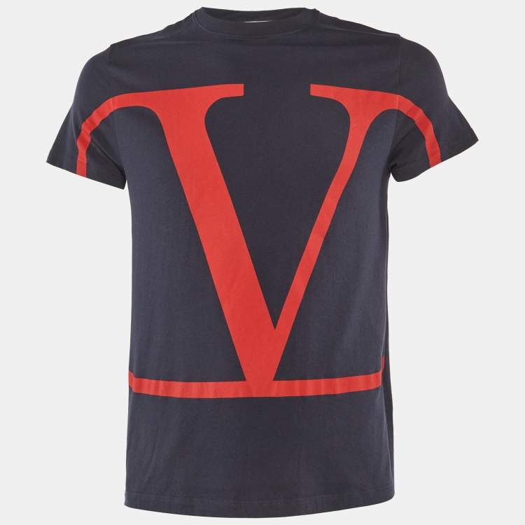 Pre Owned Valentino Navy Blue V Logo Cotton Crew Neck T-Shirt S