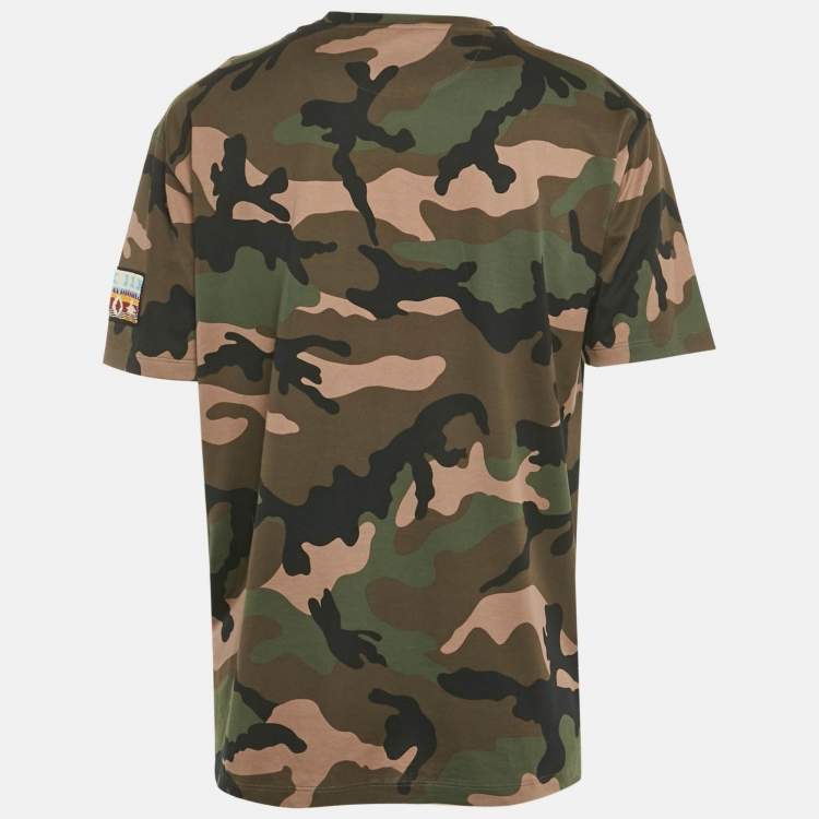 Pre Owned Valentino Dark Green Camouflage Print Cotton Applique Detail T-Shirt XL 