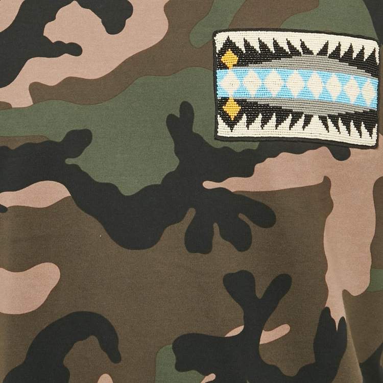 Pre Owned Valentino Dark Green Camouflage Print Cotton Applique Detail T-Shirt XL 