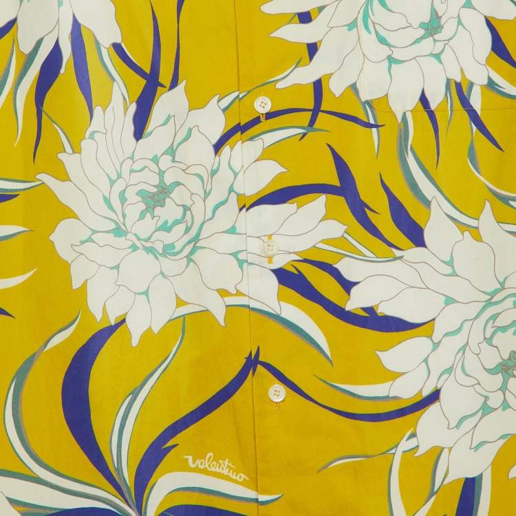 Pre Owned Valentino Yellow Printed Cotton Short Sleeve Shirt M