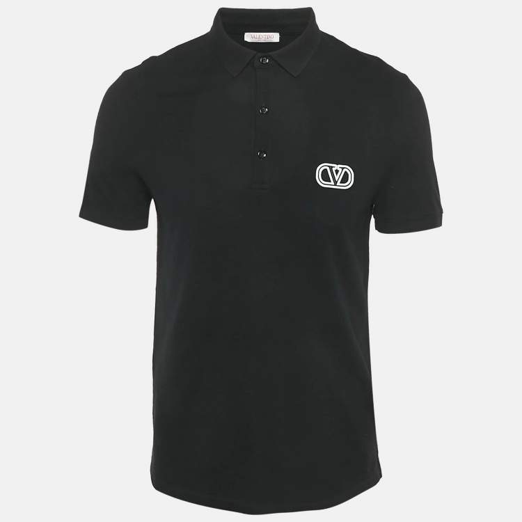 Pre Owned Valentino Black Cotton Logo Embroidered Cotton Polo T-Shirt M