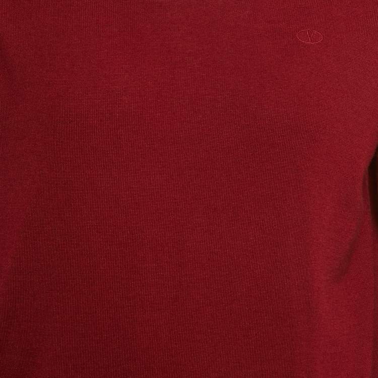 Pre Owned Valentino Burgundy Logo Embroidered Wool Blend V-Neck Jumper L