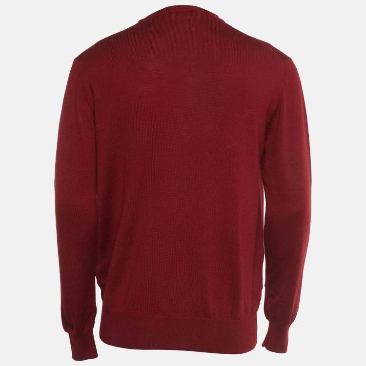 Pre Owned Valentino Burgundy Logo Embroidered Wool Blend V-Neck Jumper L