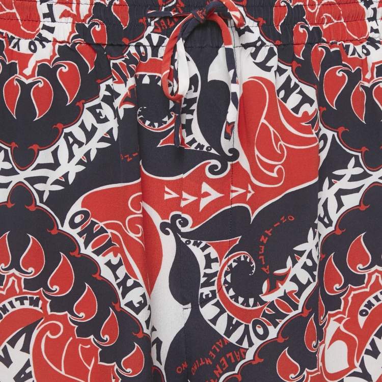 Pre Owned Valentino Red/Blue Printed Silk Shorts L