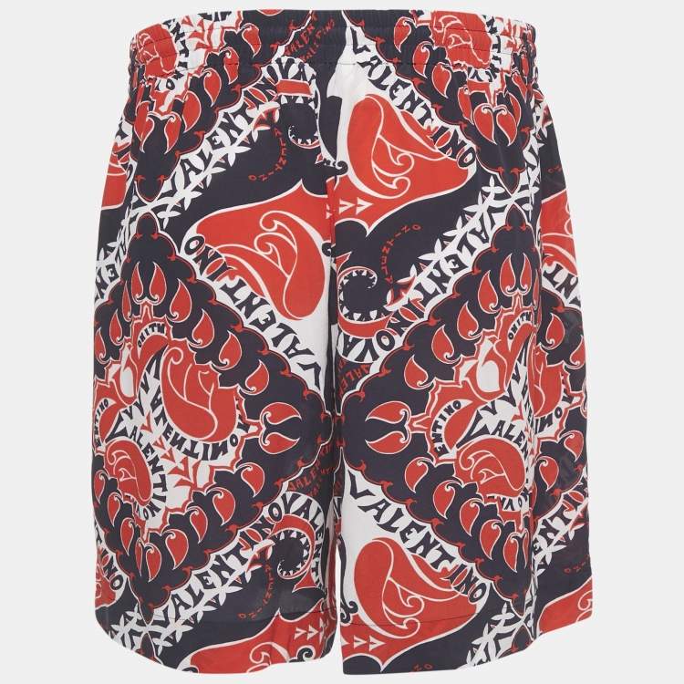 Pre Owned Valentino Red/Blue Printed Silk Shorts L