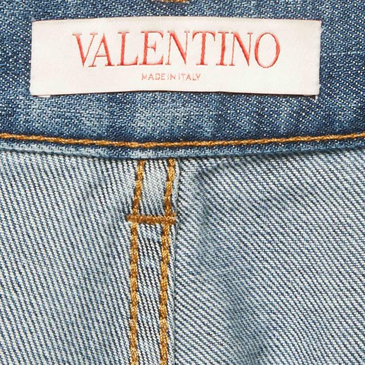 Pre Owned Valentino Blue V Detail Pocket Denim Shorts S/Waist 32"