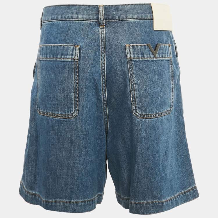 Pre Owned Valentino Blue V Detail Pocket Denim Shorts S/Waist 32"
