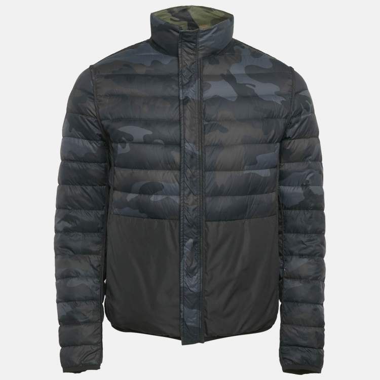 Pre Owned Valentino Green /Navy Blue Camouflage Print Synthetic Puffer Down Jacket S