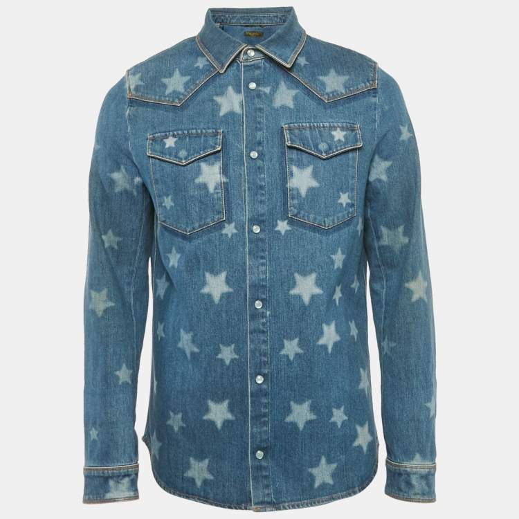 Pre Owned Valentino Blue Stars Print Denim Long Sleeve Shirt M