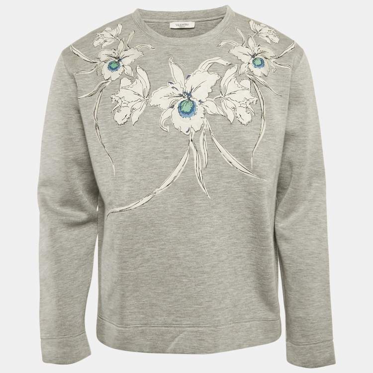Pre Owned Valentino Grey Floral Print Neoprene Sweatshirt L