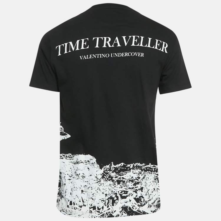 Pre Owned تي شيرت فالنتينو أسود قطن مطبوع تايم ترافلر أندركوفر مقاس متوسط