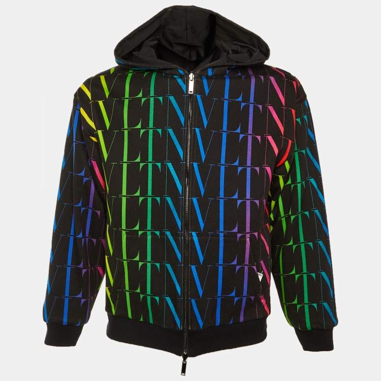 Pre Owned Valentino Black VLT Print Synthetic & Cotton Reversible Hooded Jacket S 
