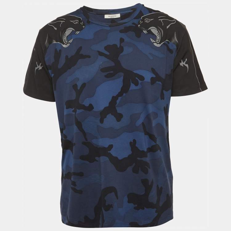 Pre Owned Valentino Blue Camouflage Print Jersey T-Shirt L