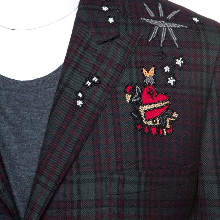 Pre Owned Valentino Bicolor Tartan Plaid Wool Embellished Detail Blazer XL
