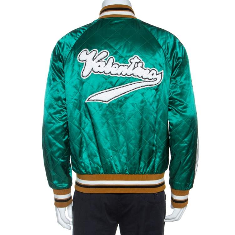 Pre Owned Valentino Green Satin Embroidered Logo Bomber Jacket L